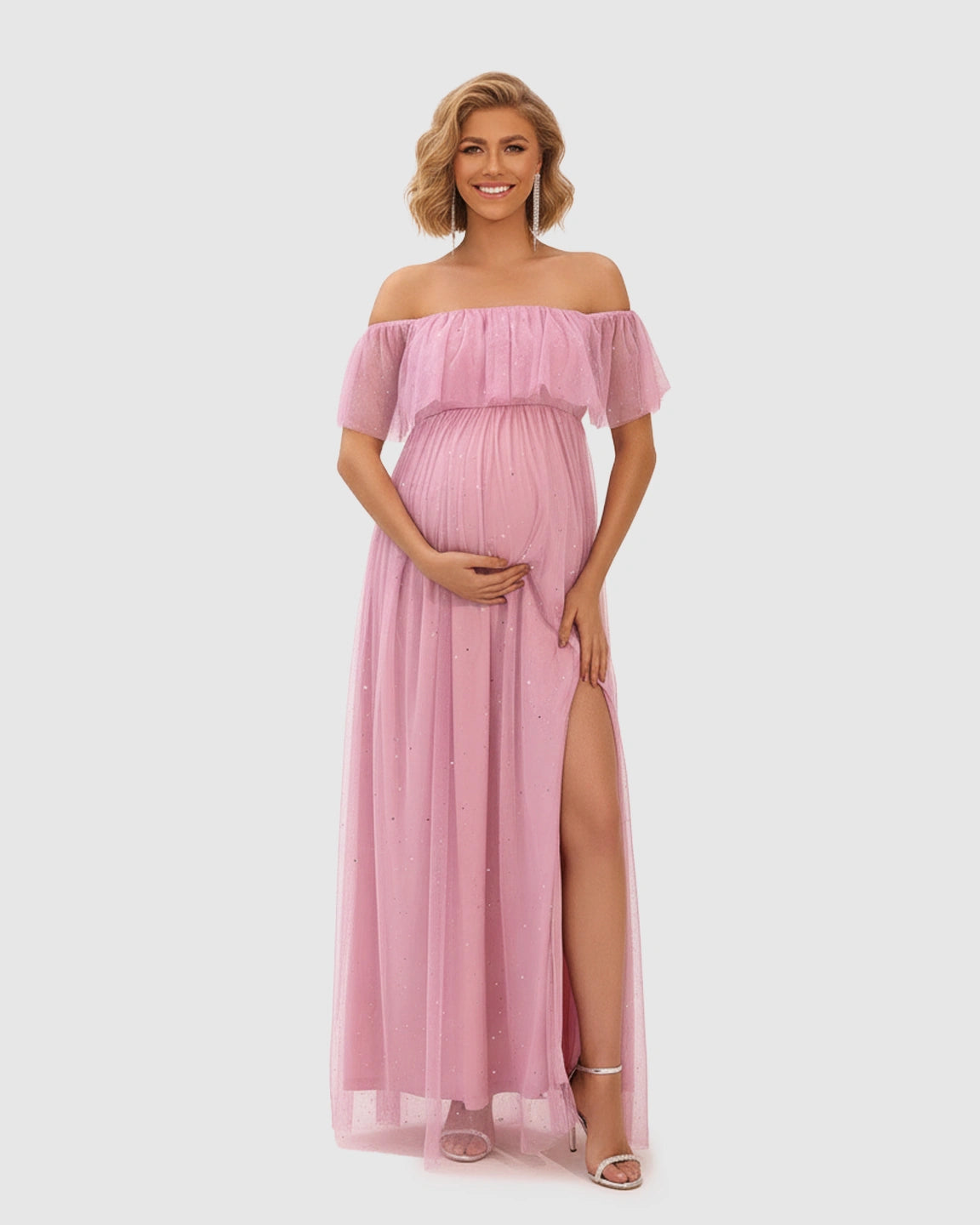 Off-Shoulder Mesh Empire Waist Maternity Maxi Dress