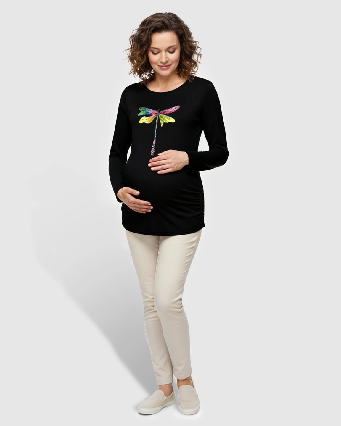 Side Ruched Classic Round Neck Long Sleeve Maternity Top