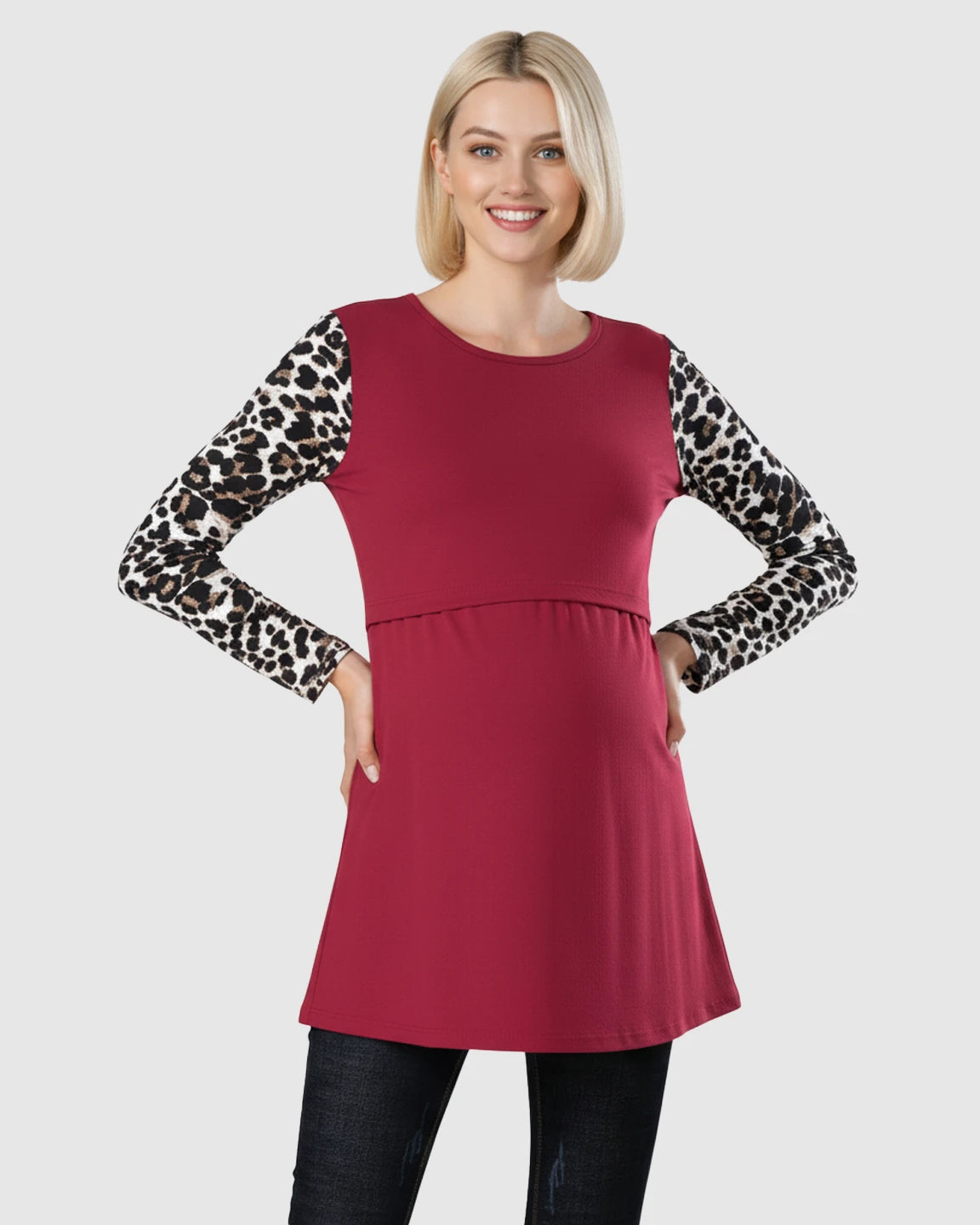 Leopard Sleeve Contrast Maternity Nursing Top