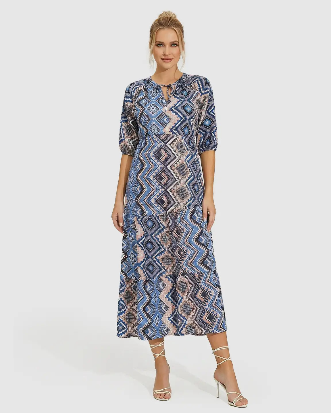 V-Neck Boho Print Maternity Midi Dress