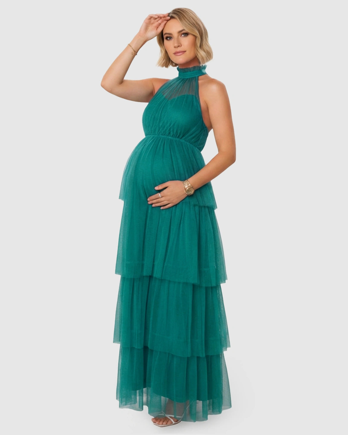 Halter Neck Tiered Mesh Maternity Gown
