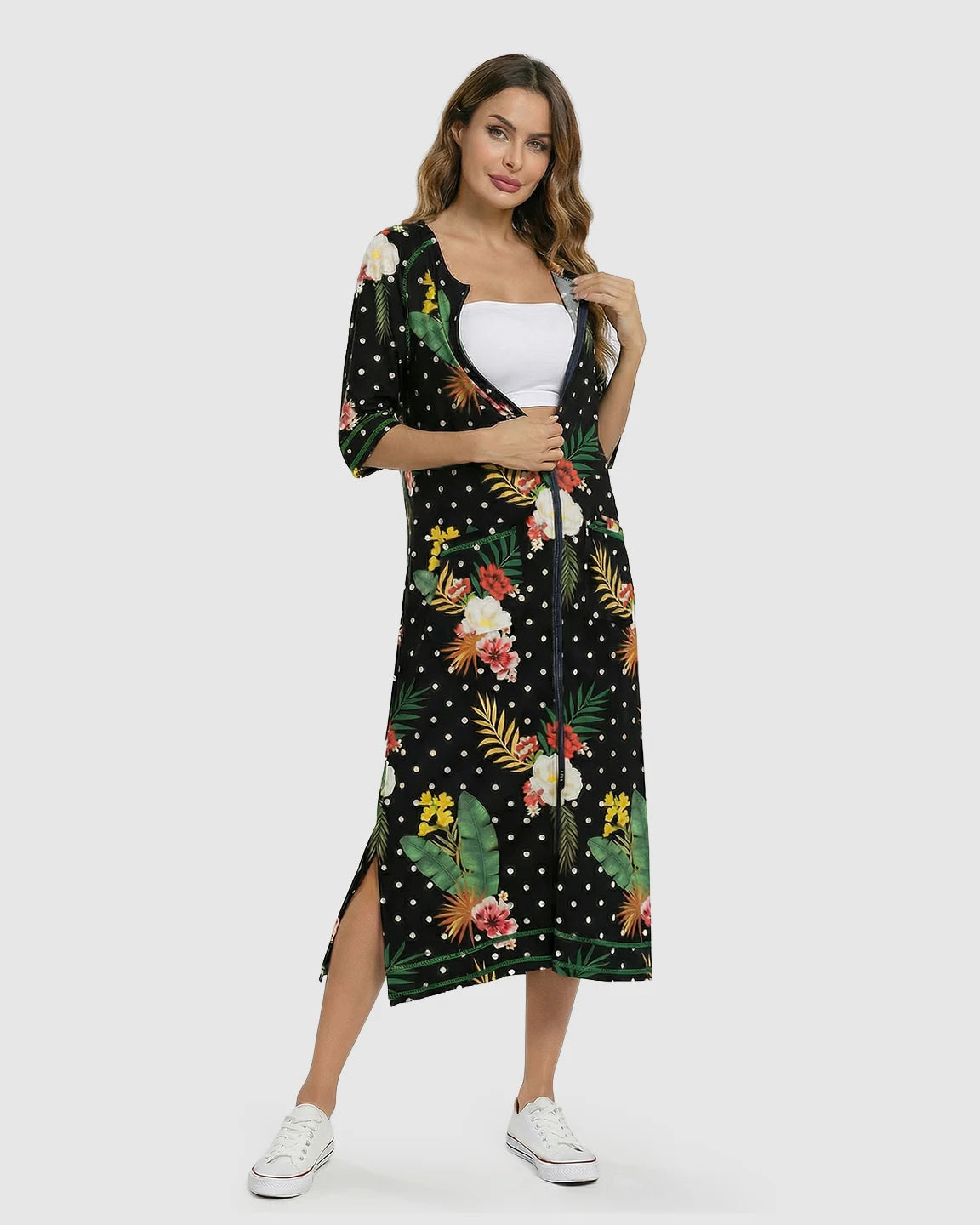 Zip-Front Tropical Print Maternity & Nursing Lounge Dress