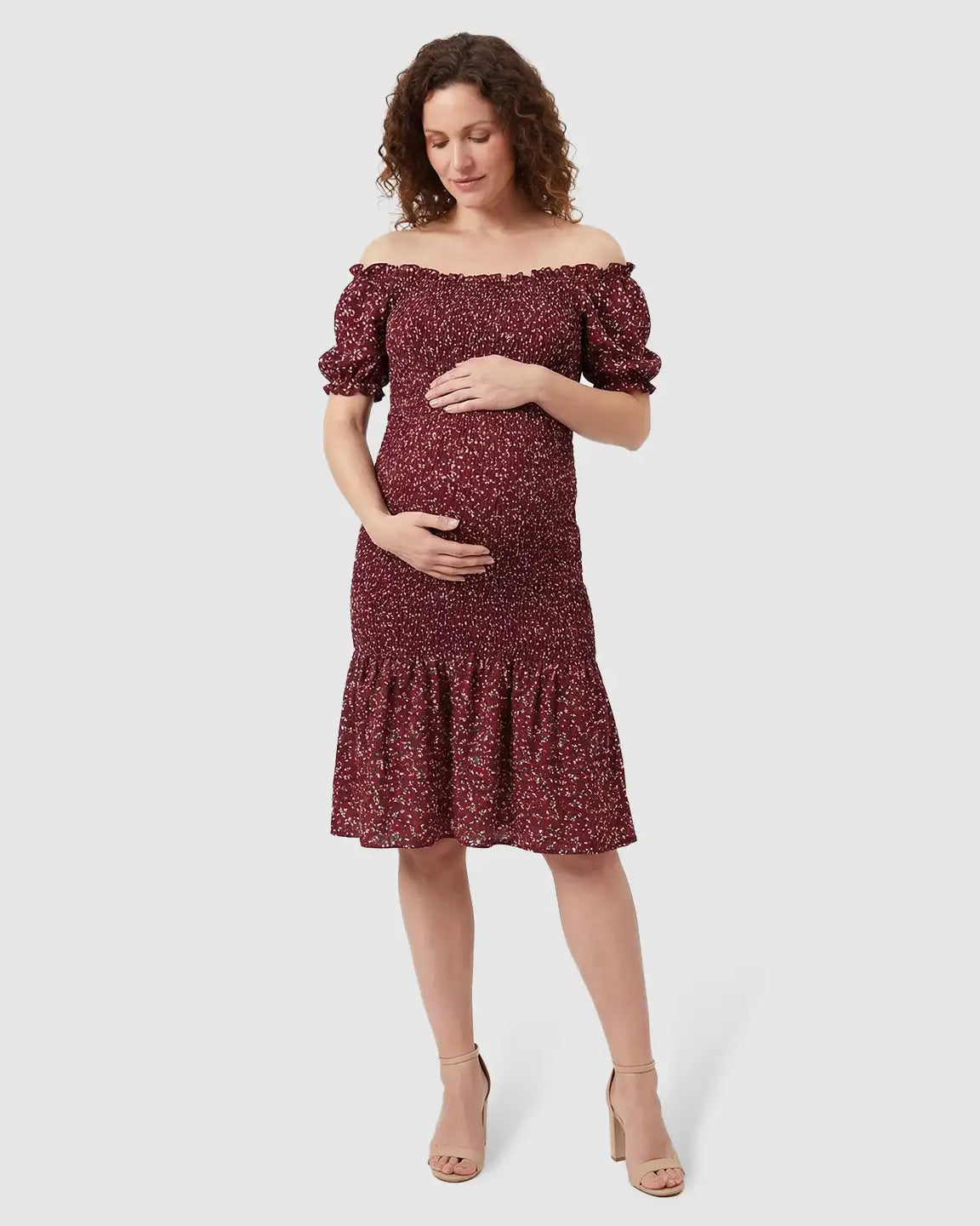 Off-Shoulder Smocked Floral Maternity Midi Dress