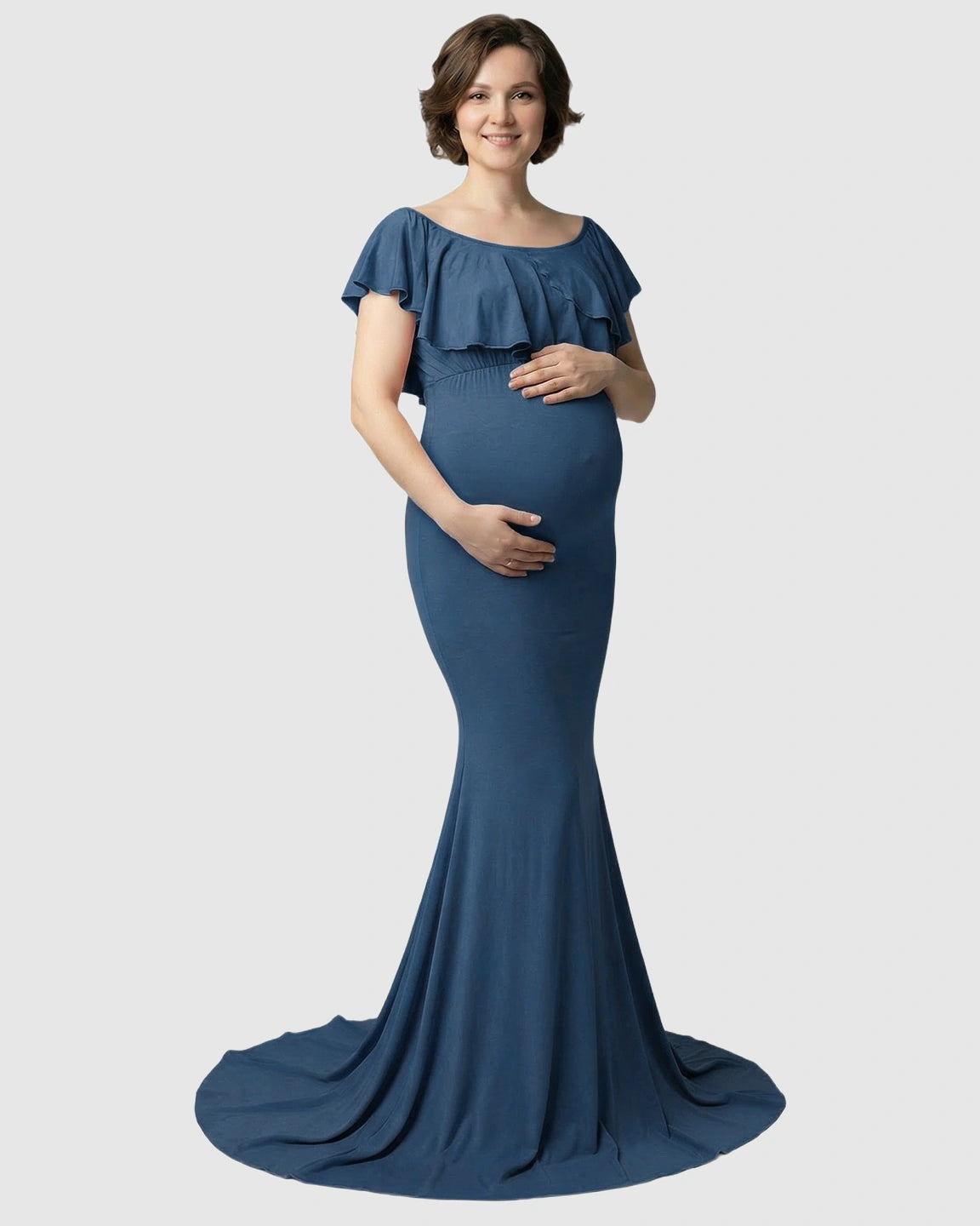 Ruffle-Off Shoulder Trailing Maternity Gown