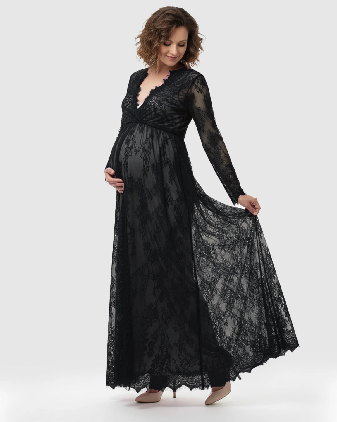 Sheer Floral Lace Empire Waist Maternity Maxi Dress