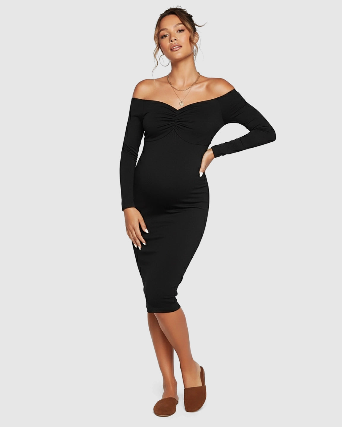 Off-Shoulder Bodycon Maternity Midi Dress