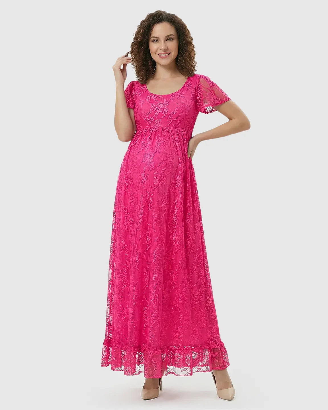 Ruffled Hem Floral Lace Maternity Photoshoot Dress