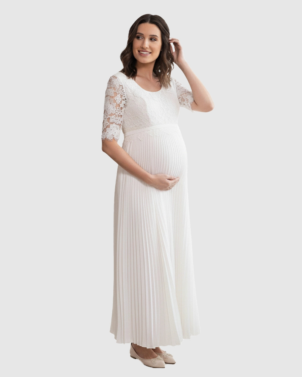 Lace-Sleeve Pleated Maternity Maxi Dress