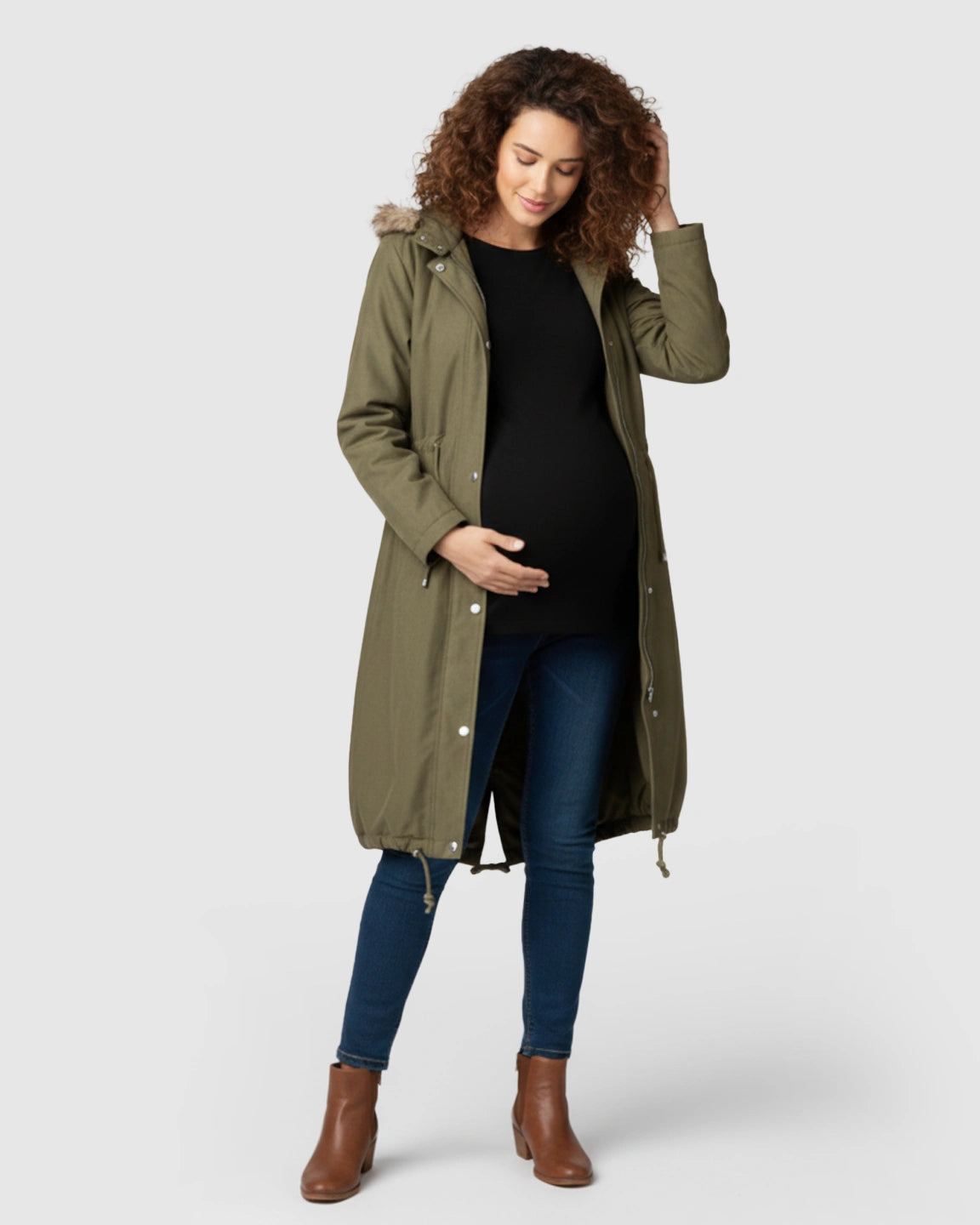 Fur Collar Hooded Long Maternity Jacket