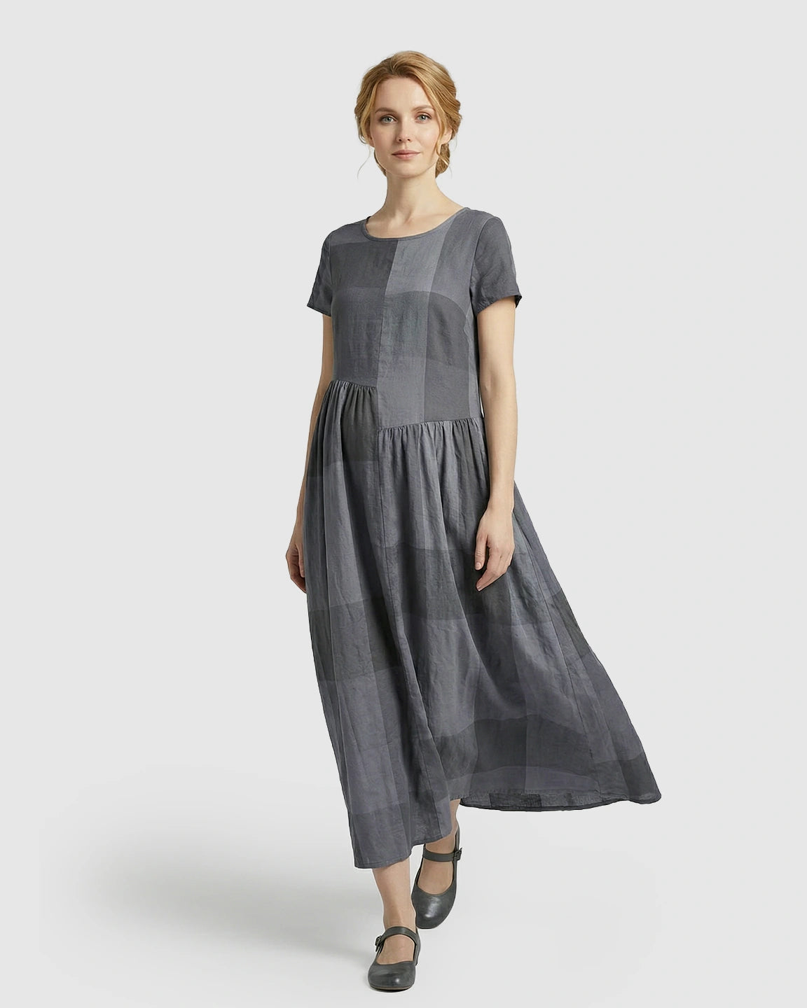 Plaid Short Sleeve Babydoll Maternity Maxi Dress