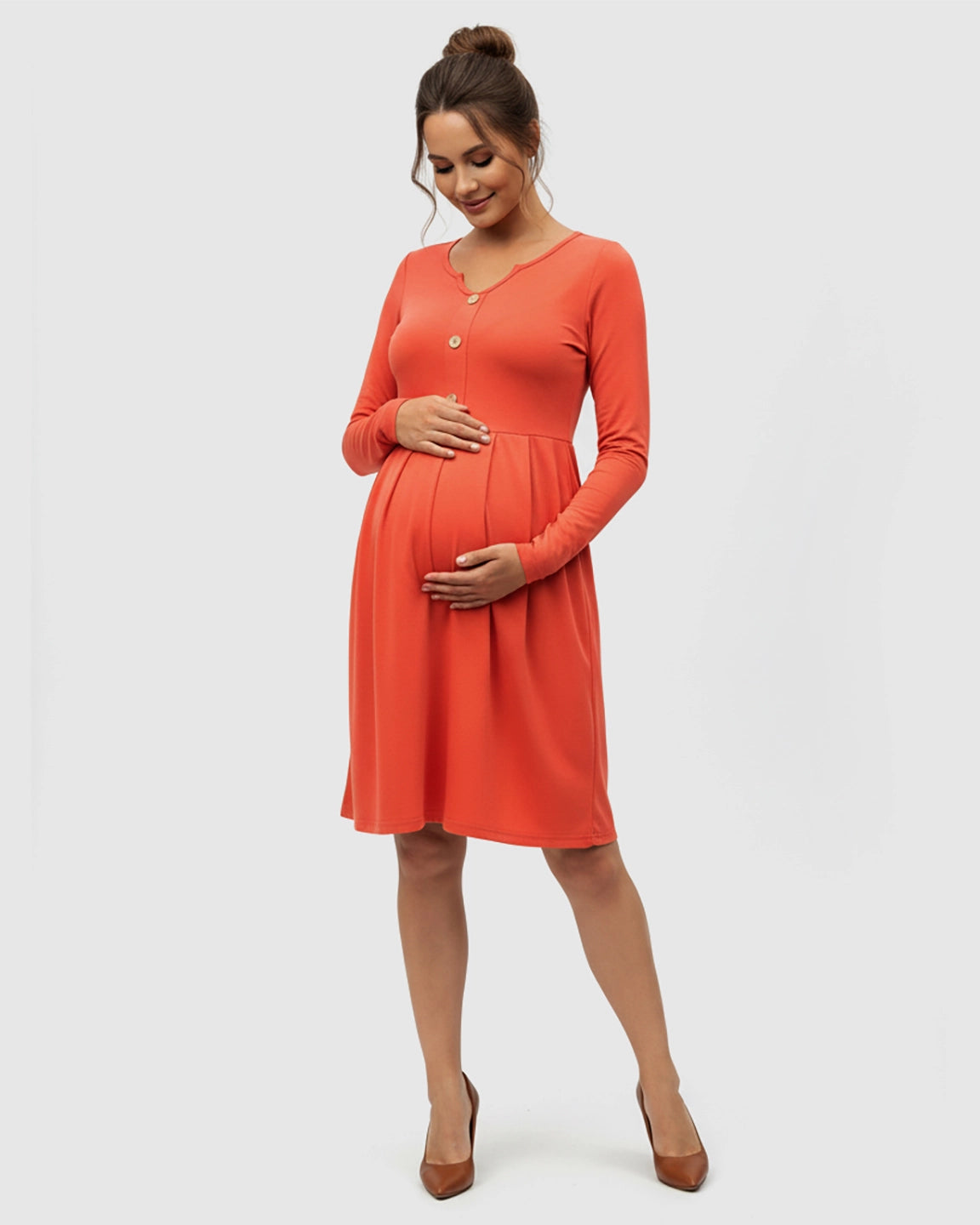Long Sleeve Button Detail Flared Maternity Dress