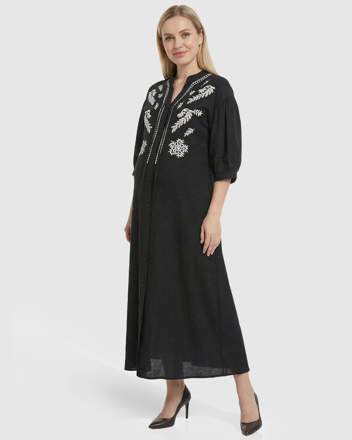 Embroidered Mandarin Collar Loose Maternity Midi Dress