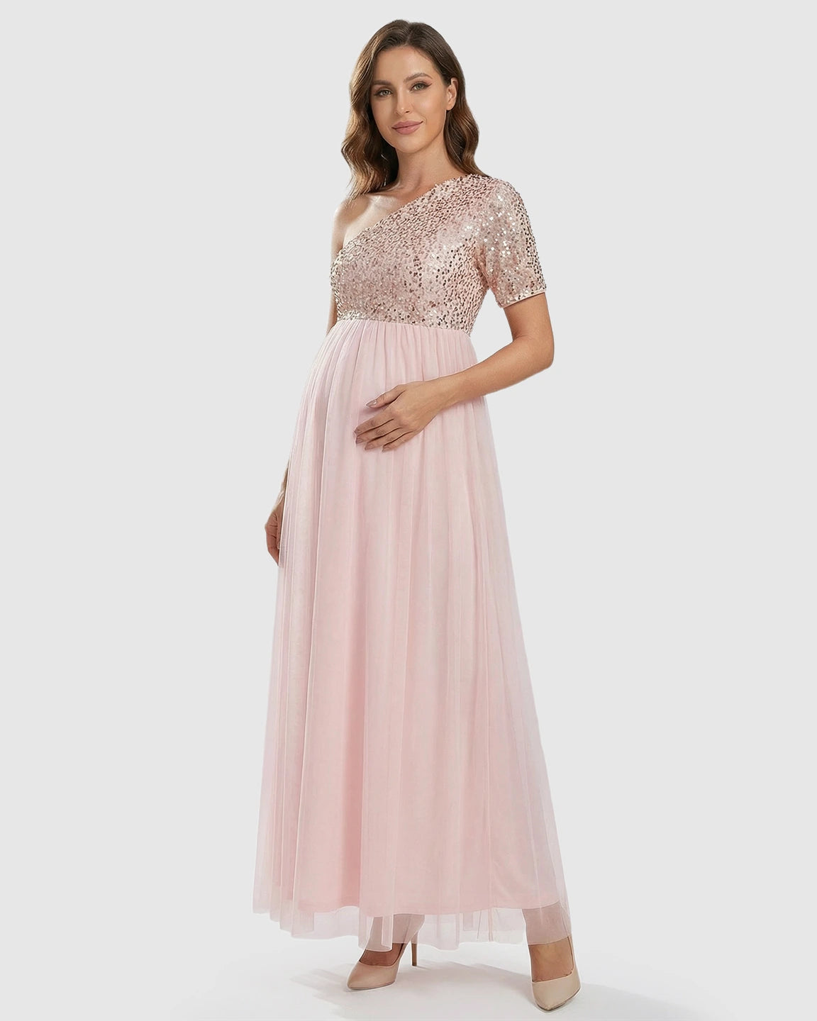 Sequin Bodice Flowing Mesh Maternity Maxi Dress