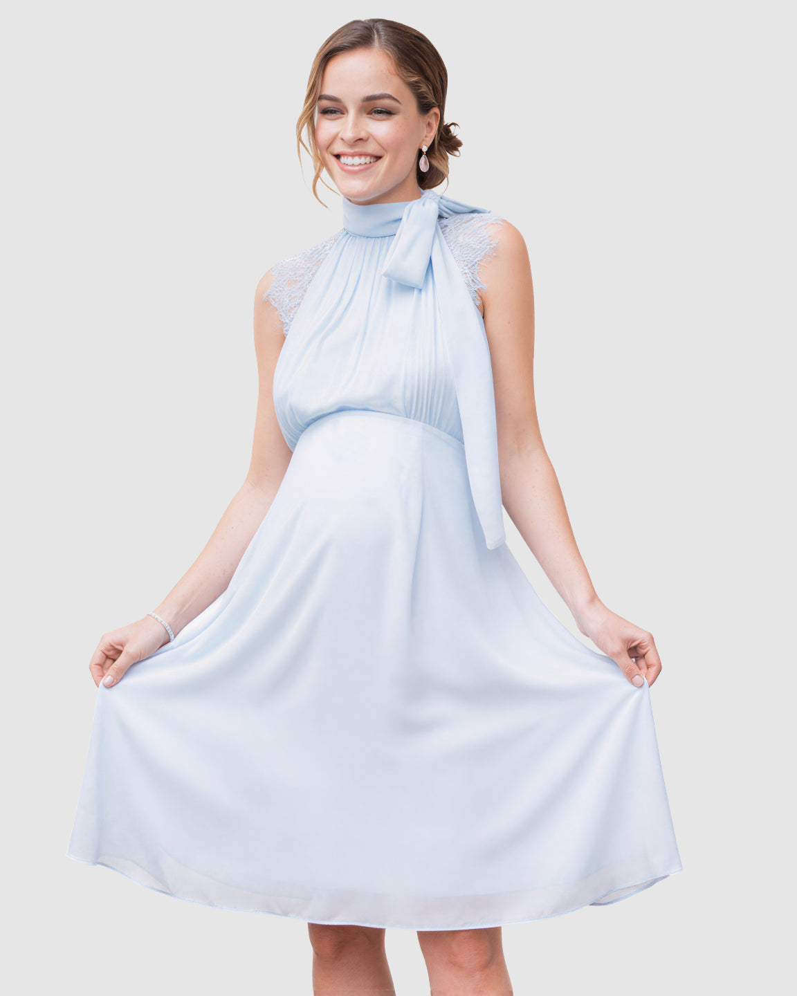 High-Neck Tie Detail Chiffon Maternity Midi Dress