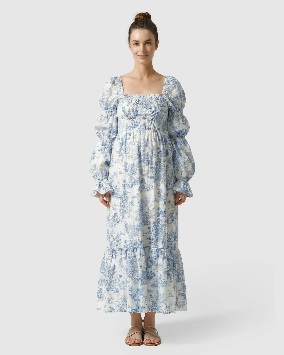 Puff Sleeves Floral Tiered Maternity Maxi Dress
