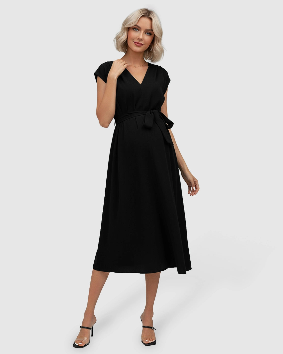 Tie-Waist V-Neck Maternity Midi Dress