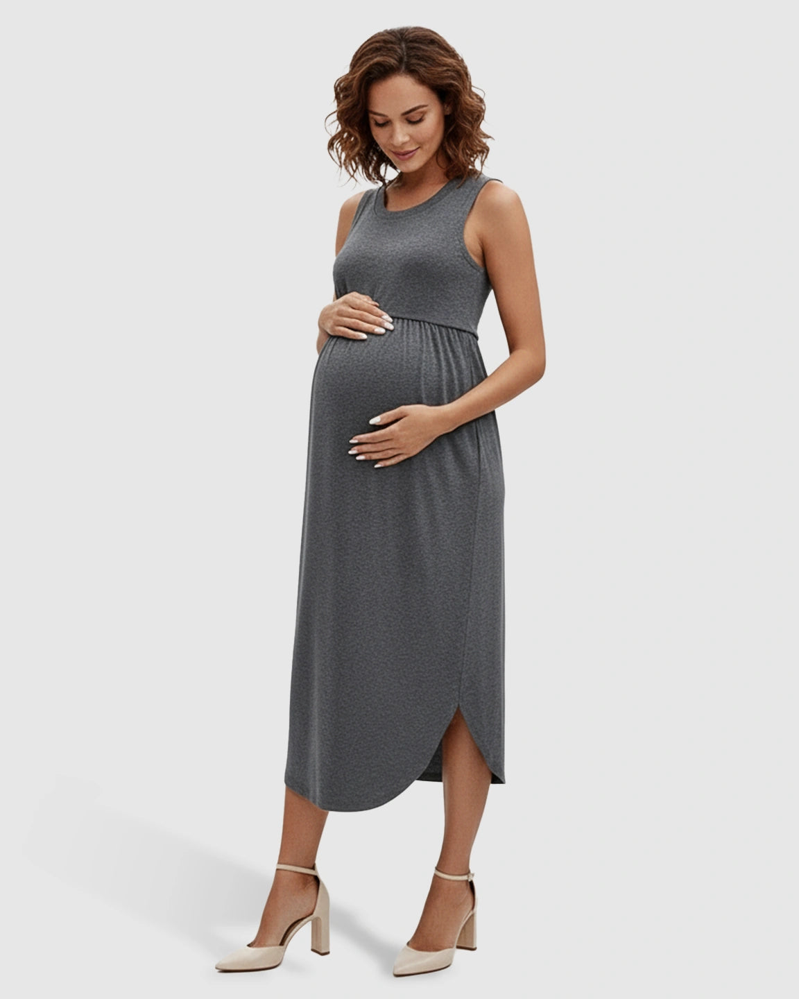 Sleeveless Gathered-Waist Maternity Midi Dress