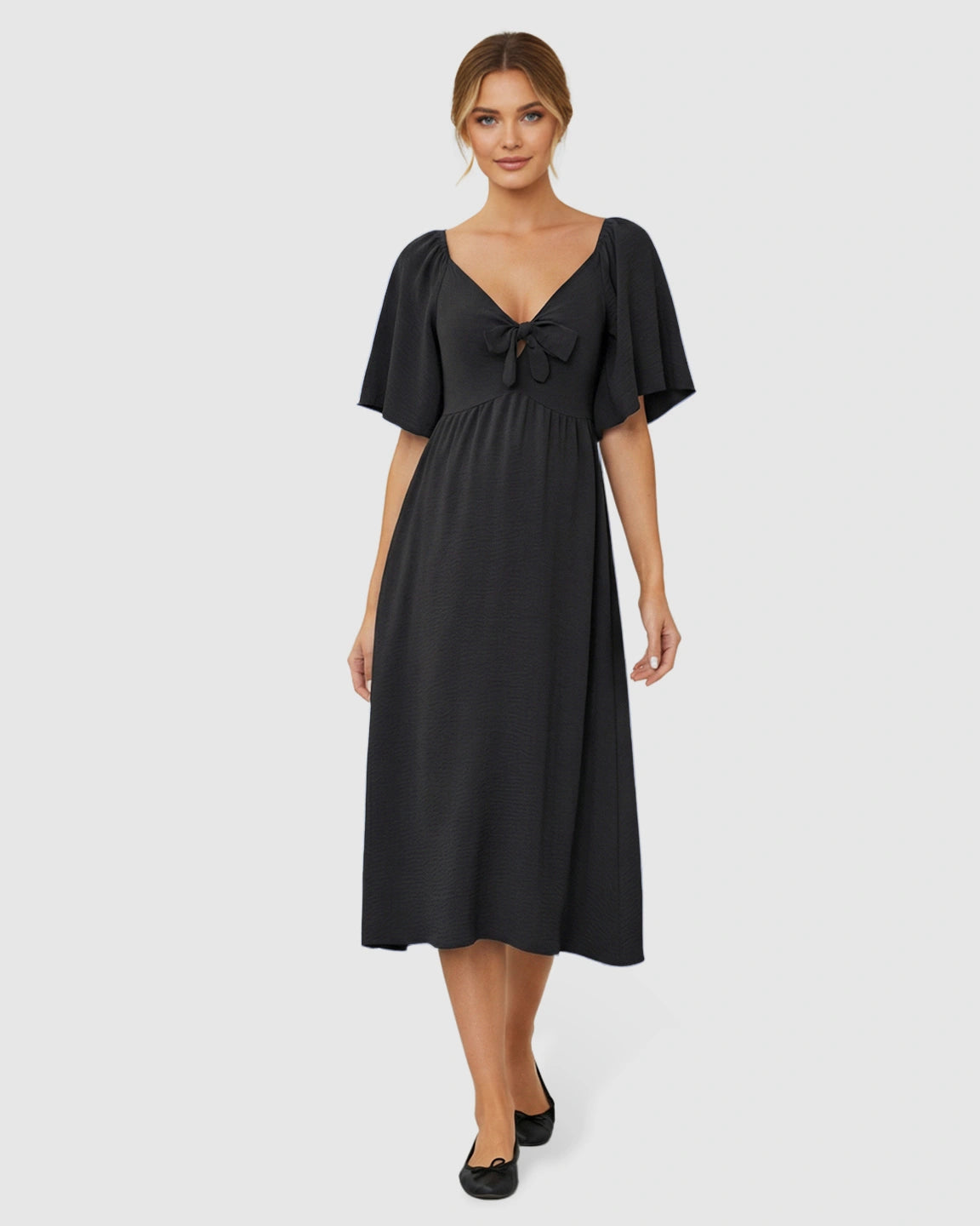 Tie-Knot Front Swing Silhouette Maternity Midi Dress