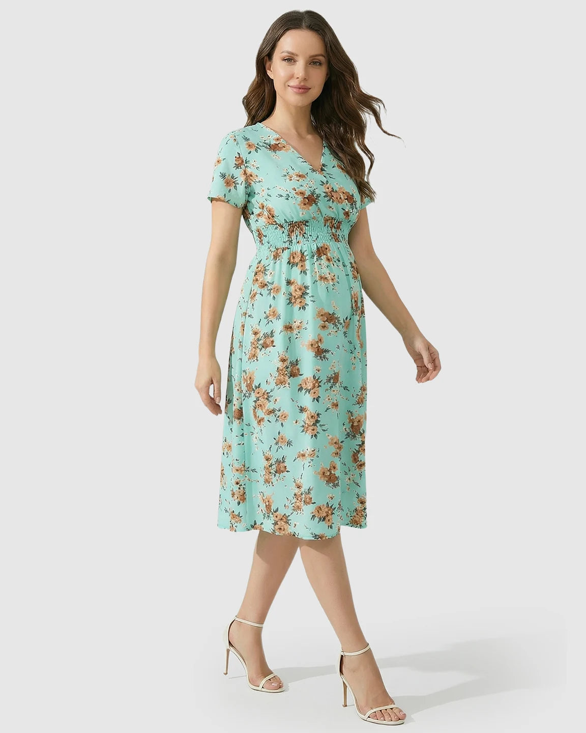 V-Neckline Floral Print Maternity Midi Dress