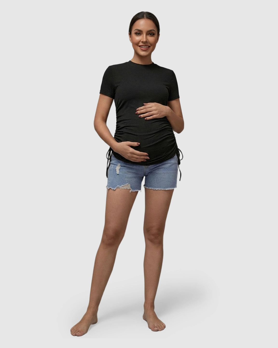 Ruched Waist Casual Maternity Top With Denim Shorts
