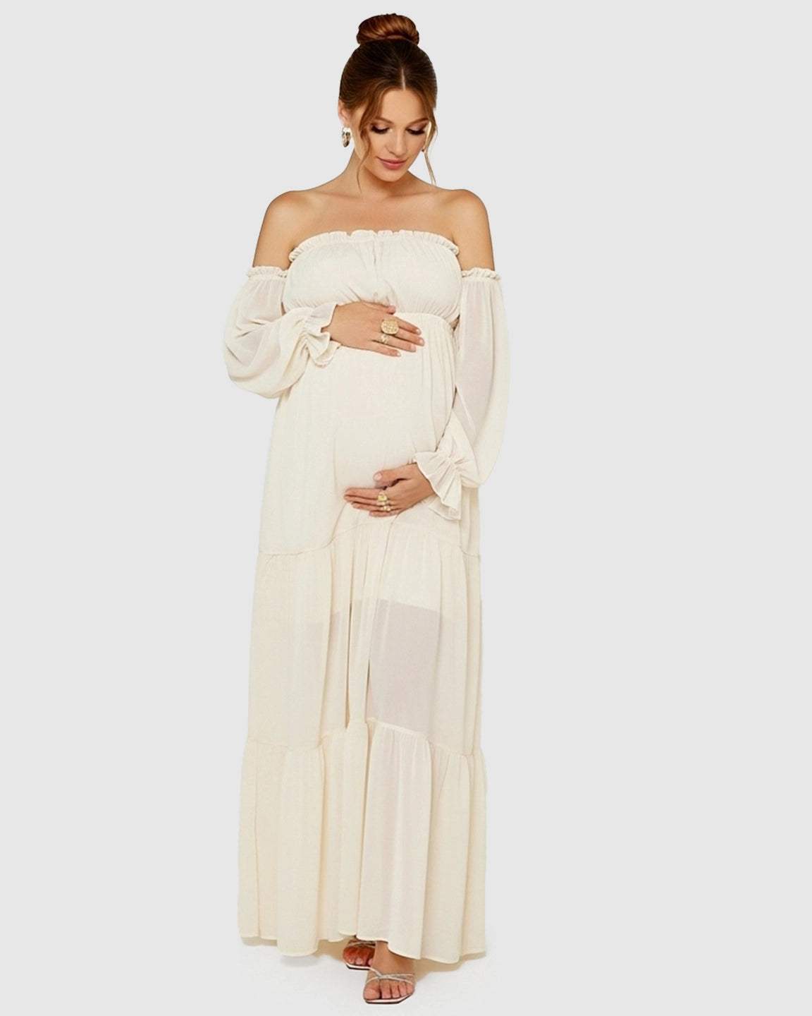 Bardot-Neck Tiered Skirt Maternity Gown