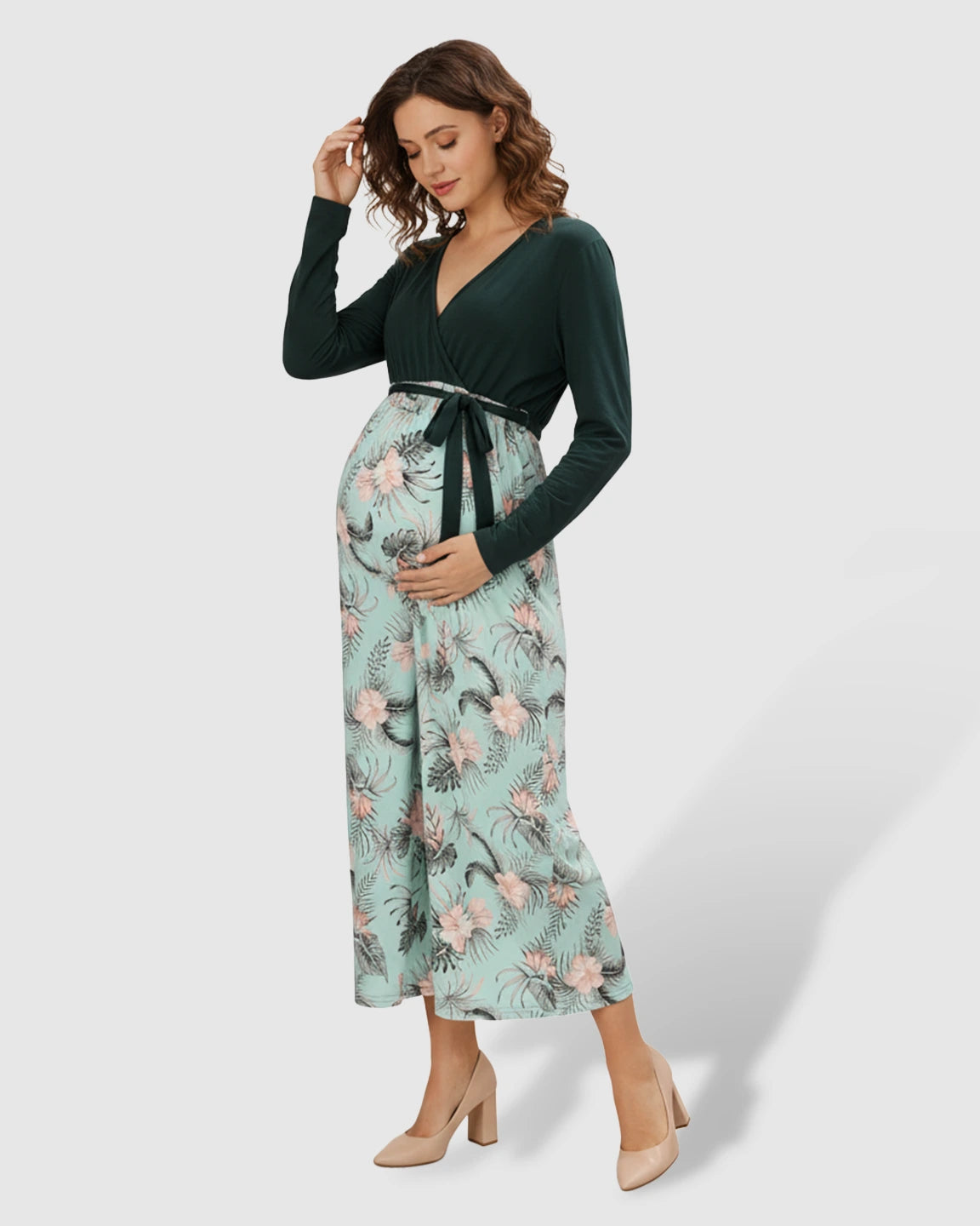 Long-Sleeve V-Neck Floral Maternity Midi Dress