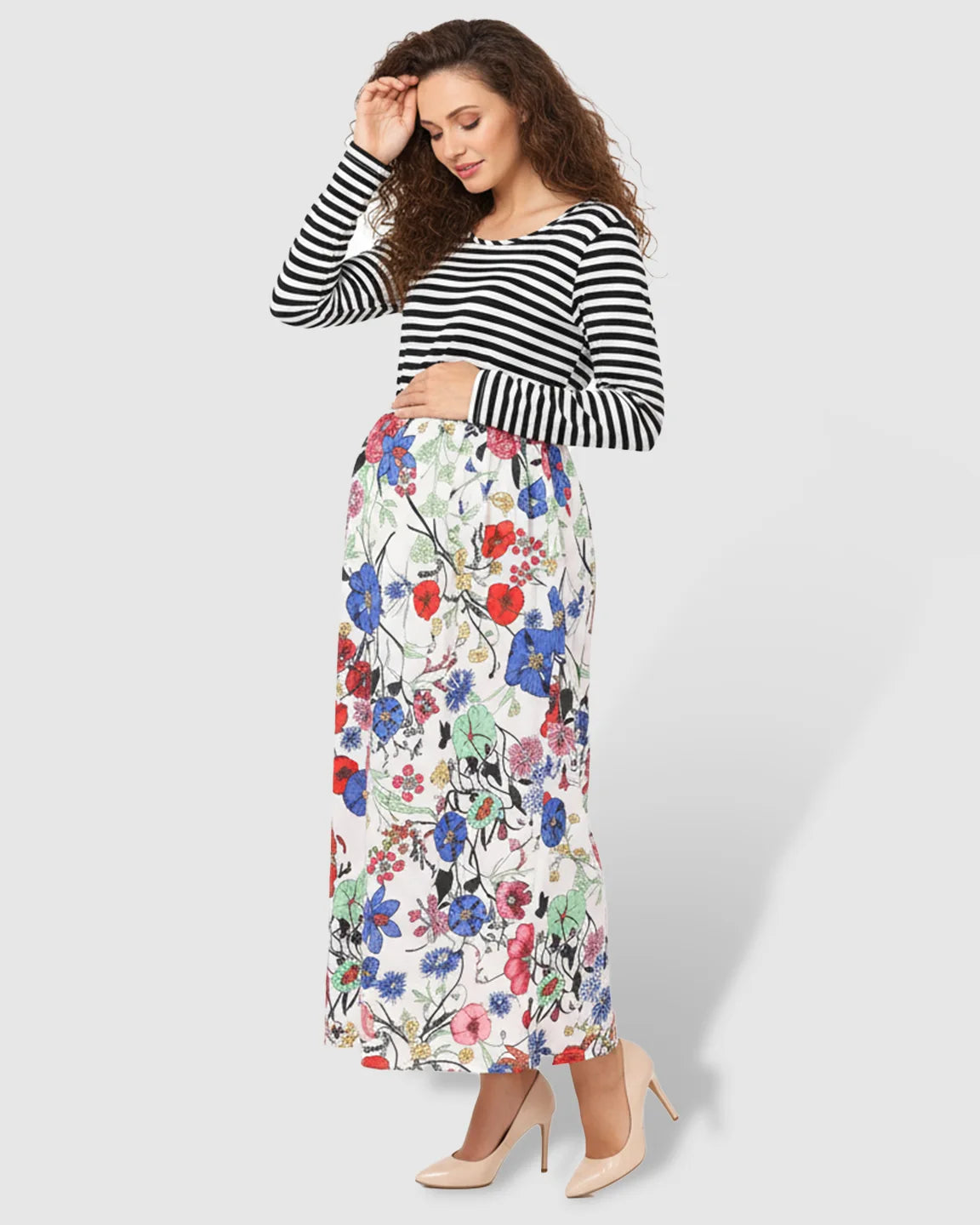 Striped Floral Nursing & Maternity Midi Dress