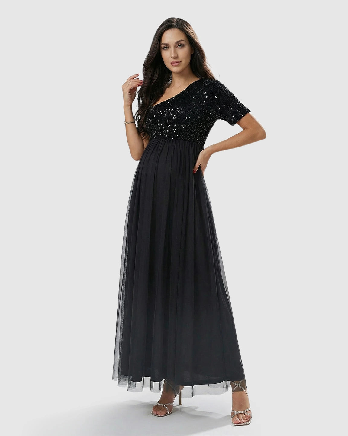 Sequin One-Shoulder Flowing Mesh Maternity Maxi Dress