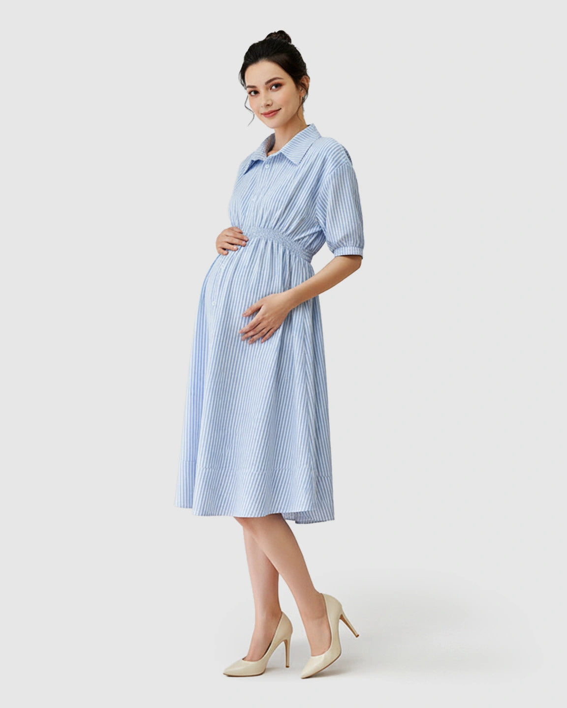 Gathered Waist Striped Shirt Maternity Dress