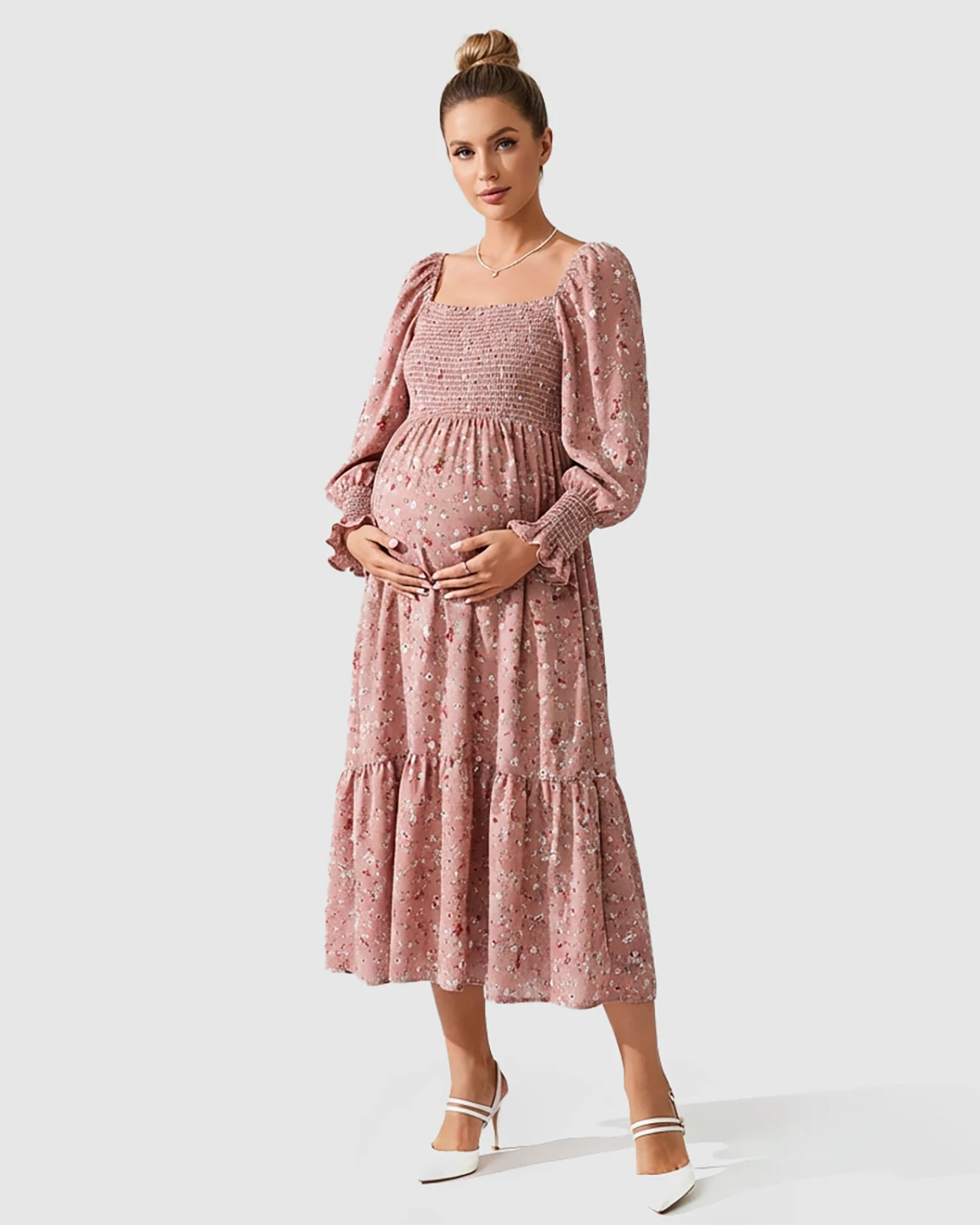 Smocked Bodice Feminine Maternity Midi Dress
