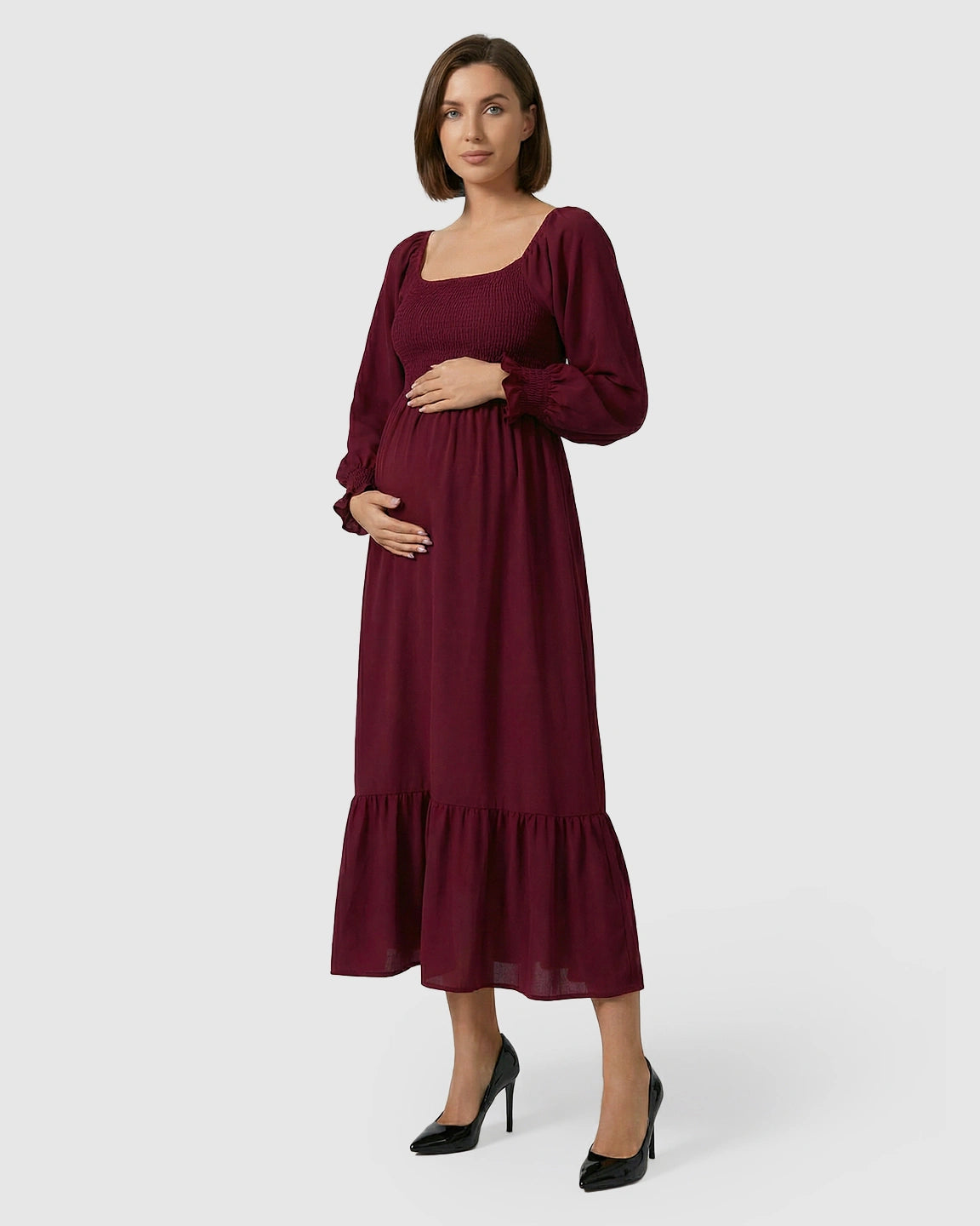 Smocked Square Neck Ruffled Hem Maternity Maxi Dress