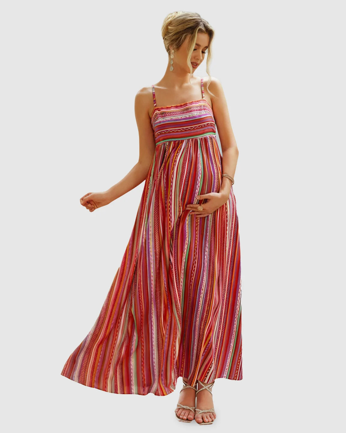 Spaghetti Strap Vibrant Stripe Maternity Maxi Dress