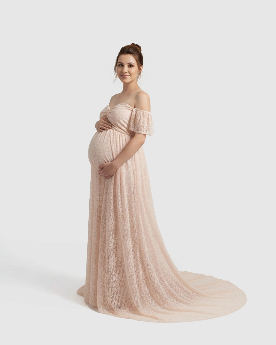Off-Shoulder Flowing Lace Maternity Maxi Dress