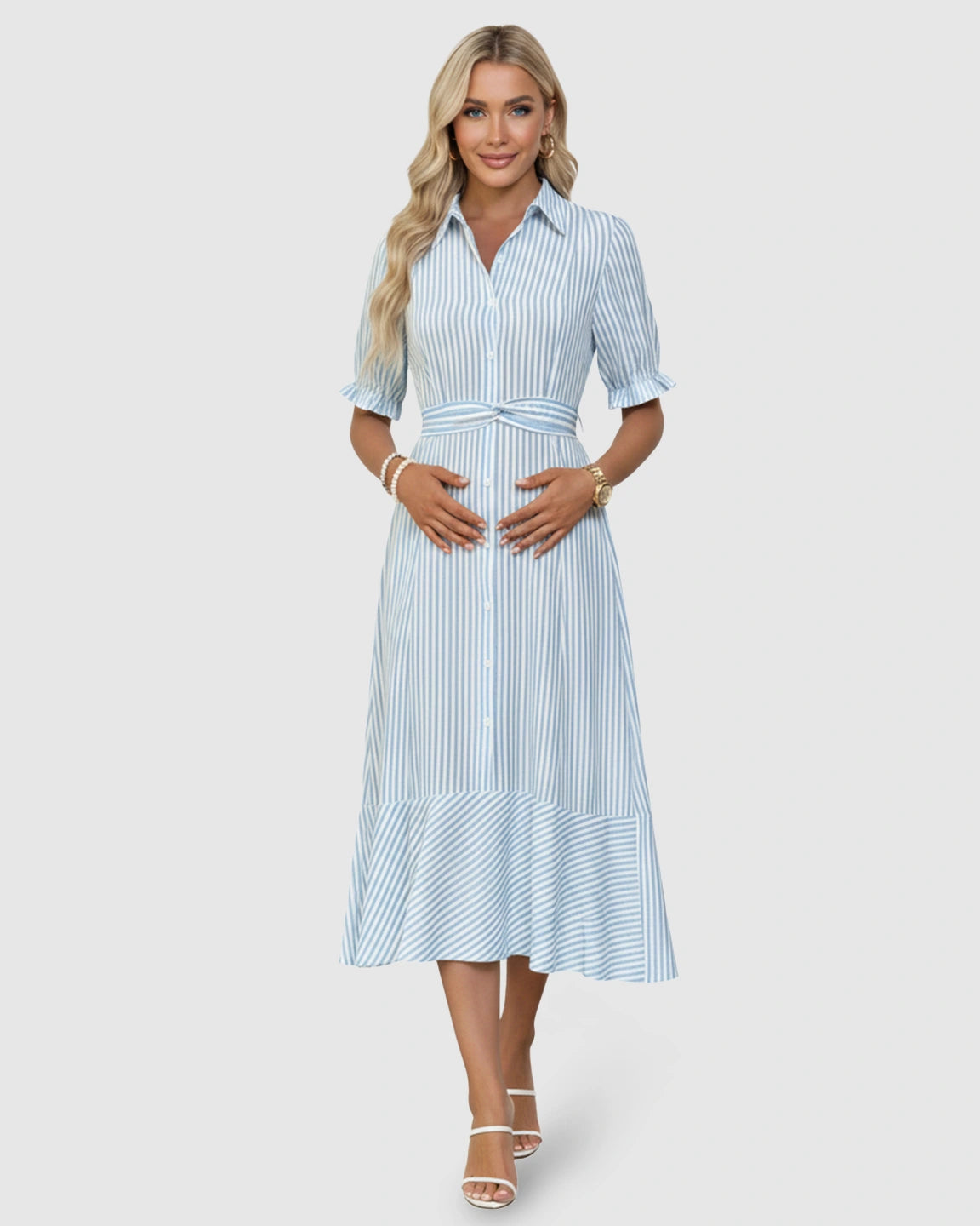 Lapel Puff-Sleeve A-line Maternity Dress