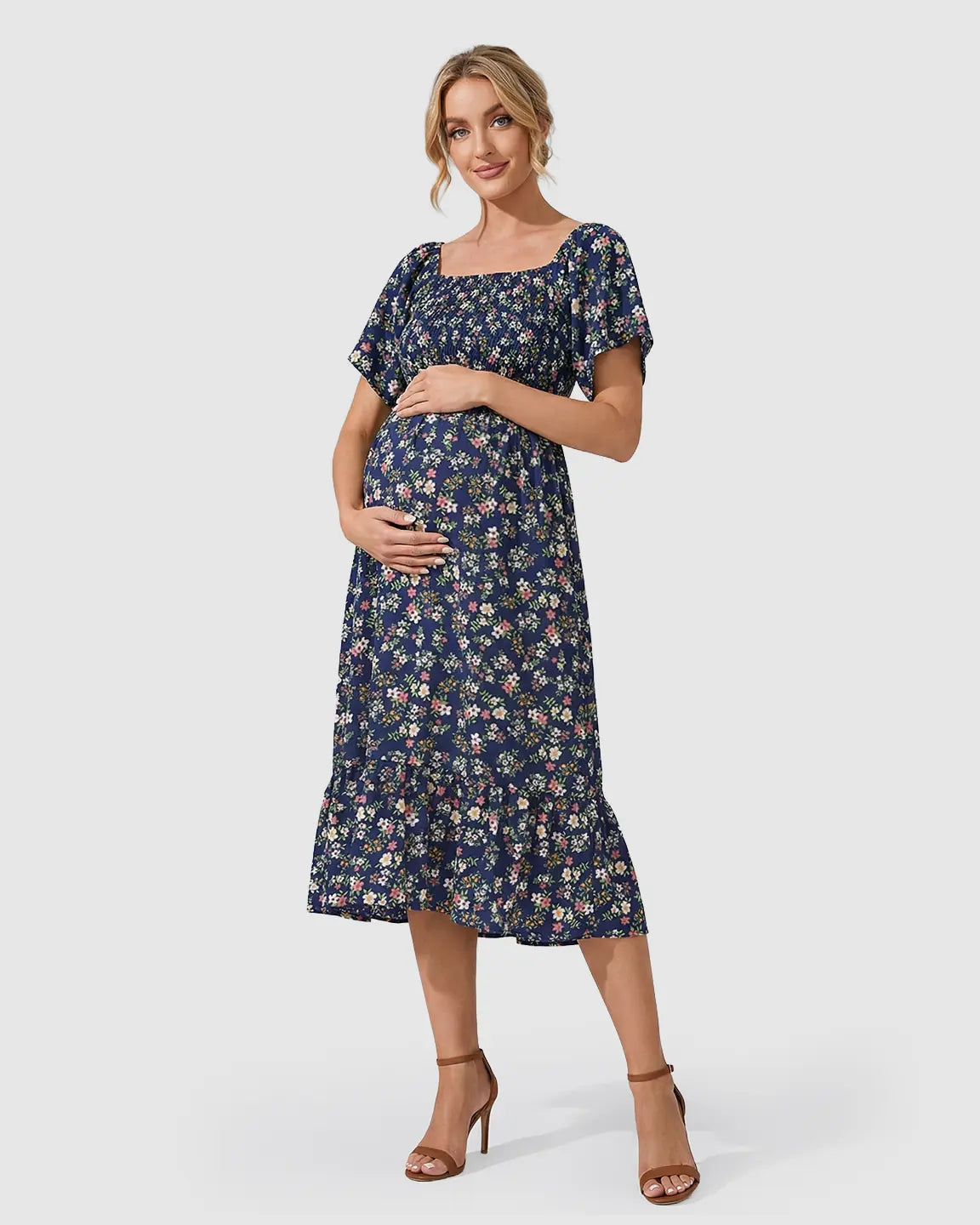 Floral Off Shoulder Maternity Midi Dress