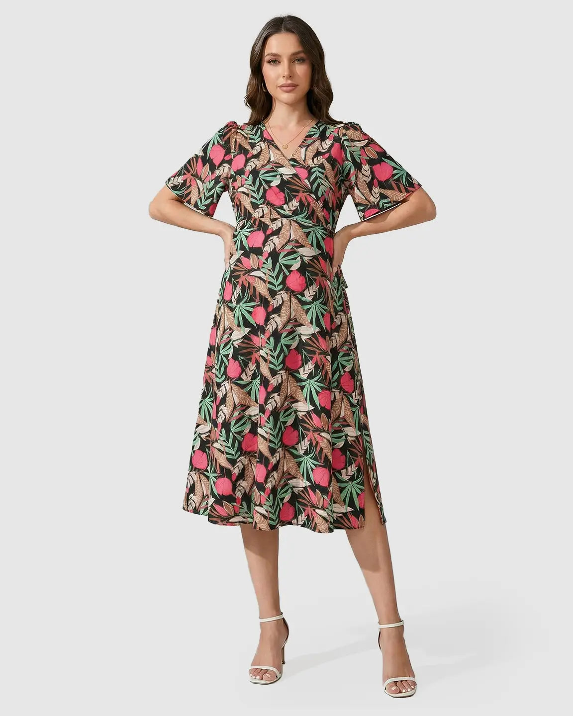 Tropical Print Tie-Waist Flowy Maternity Midi Dress