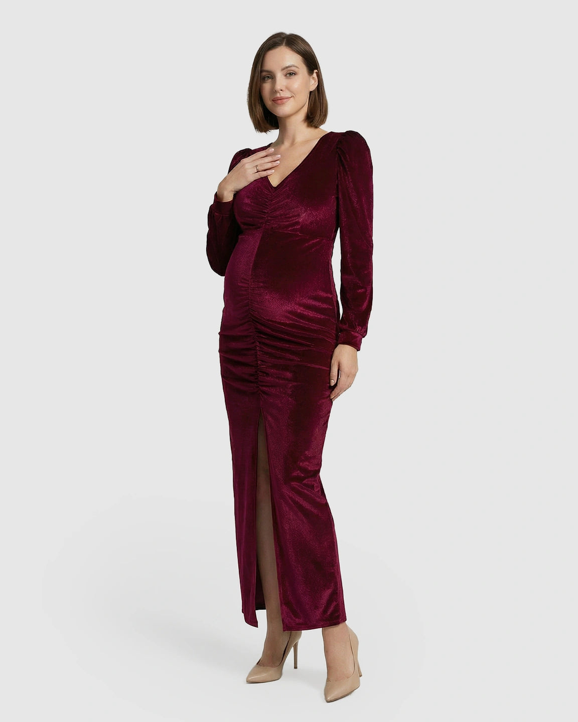 Puffed Velvet Sleeves Bodycon Maternity Evening Gown