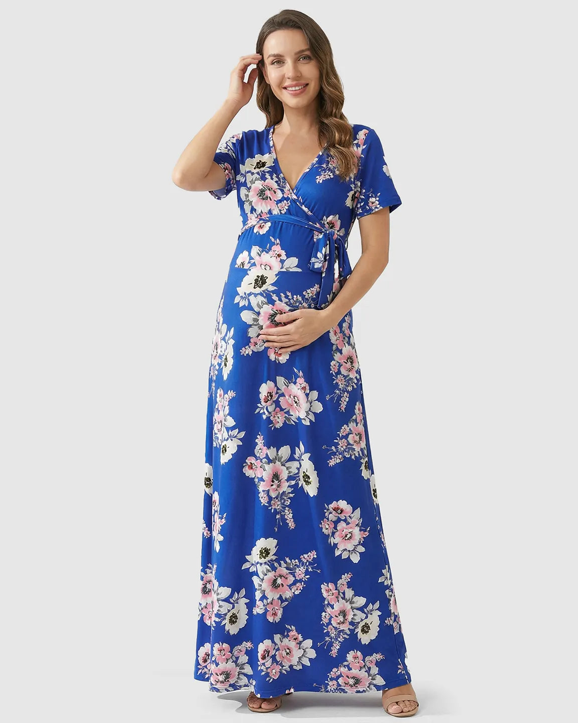 Floral Wrap Waist-Defining Maternity Maxi Dress