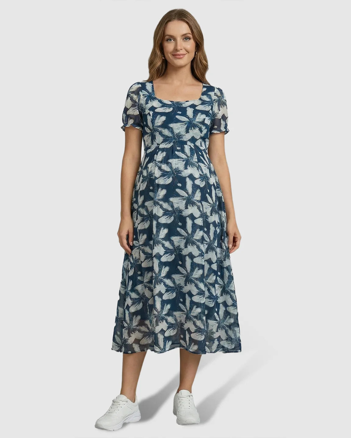 Square Neckline Floral Mid-Waist Cut Maternity Midi Dress