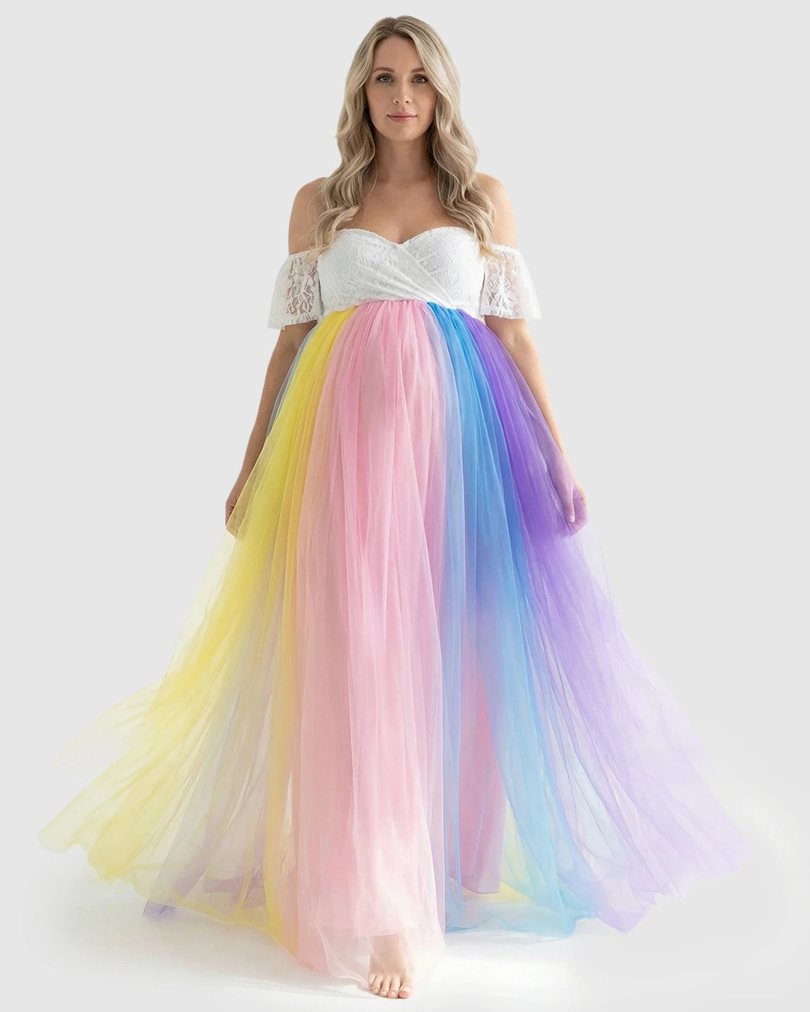 Lace-Spliced Rainbow Trailing Maternity Gown