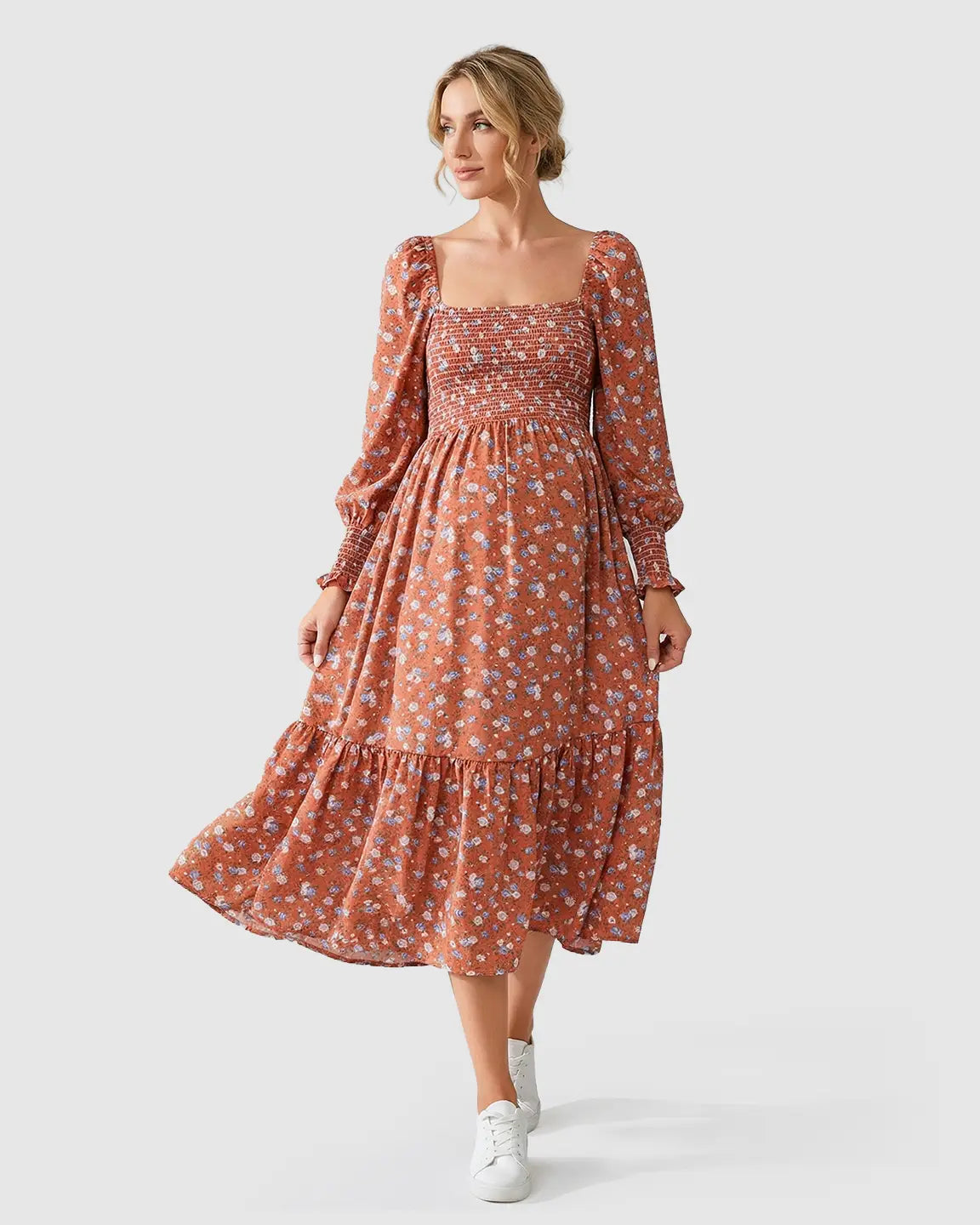 Smocked Bodice Boho Maternity Midi Dress