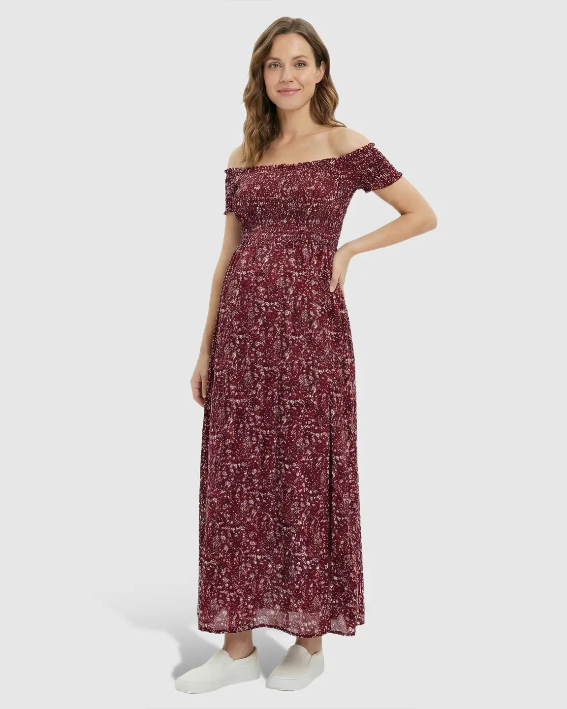 Floral Print Side Slit Maternity Maxi Dress