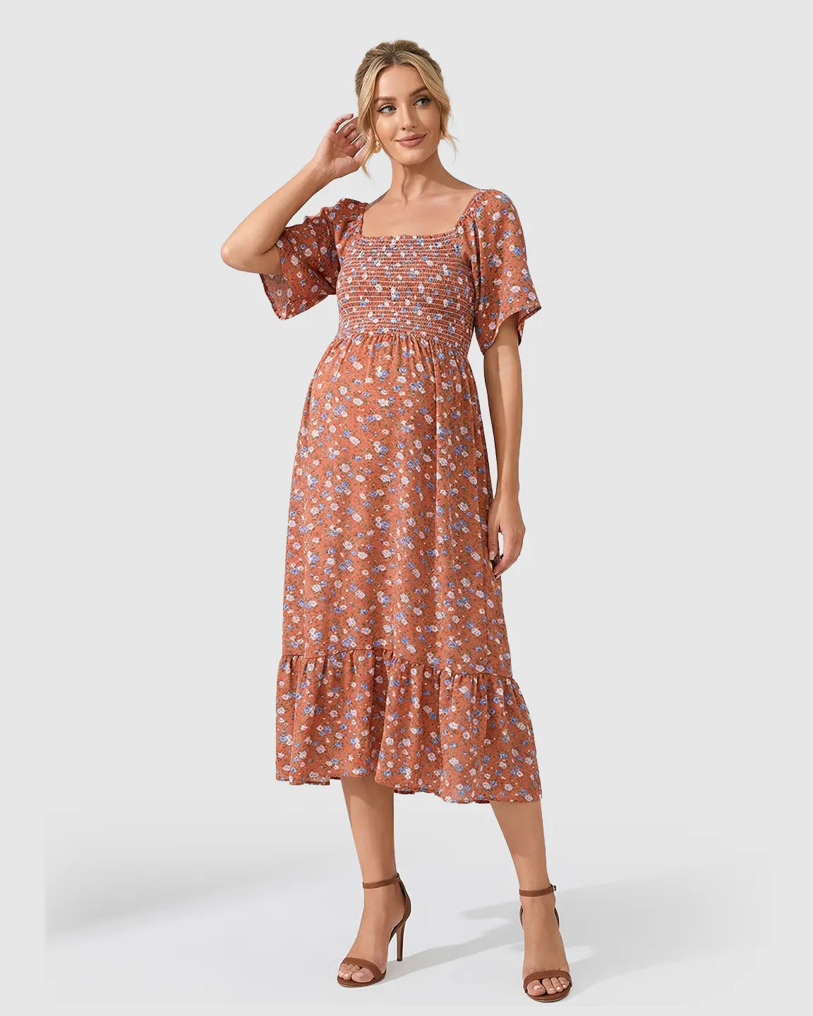 Smocked Ruffled Hem Maternity Summer Dress