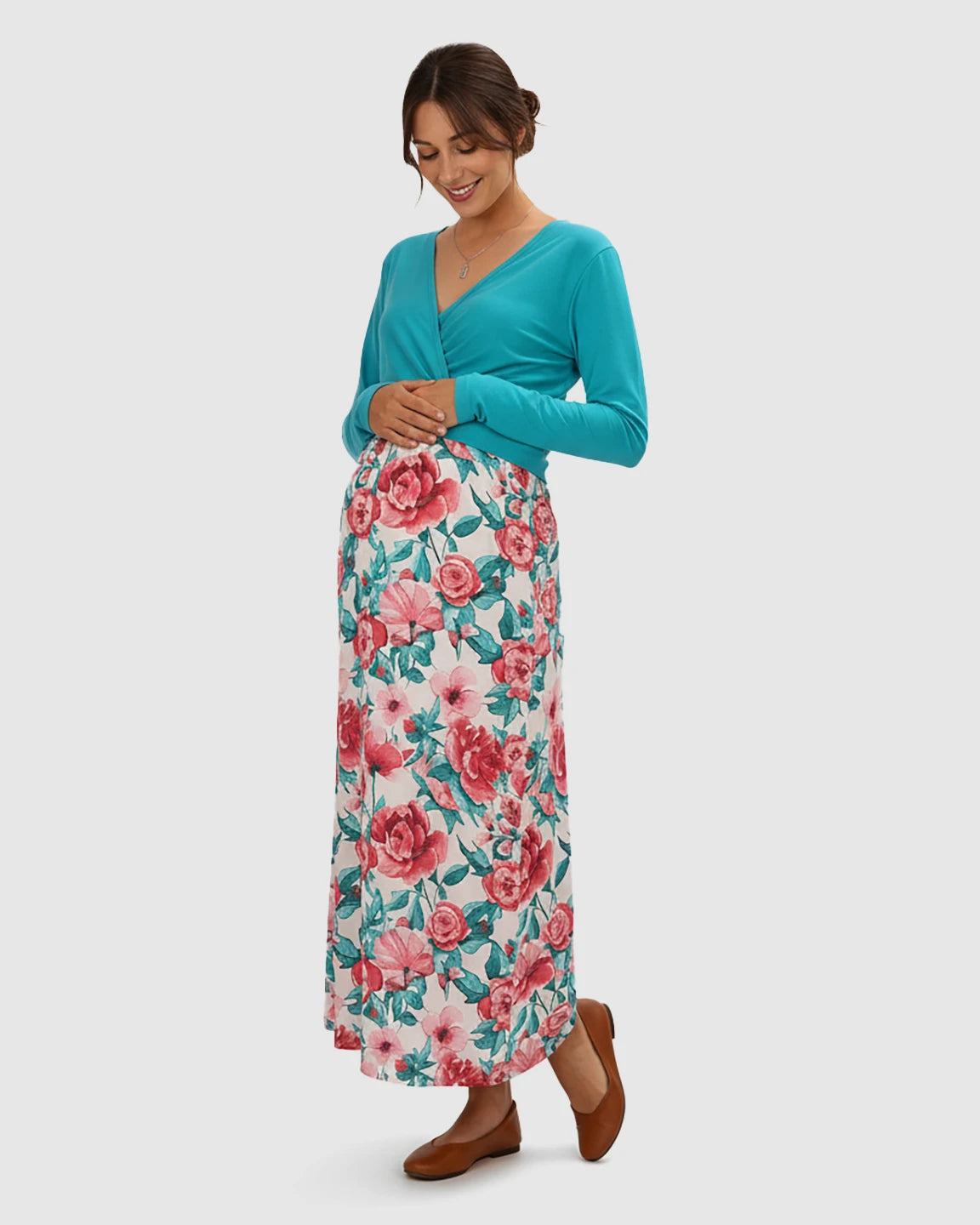 V-Neck Floral Print Faux Two-Piece Maternity Maxi Dress