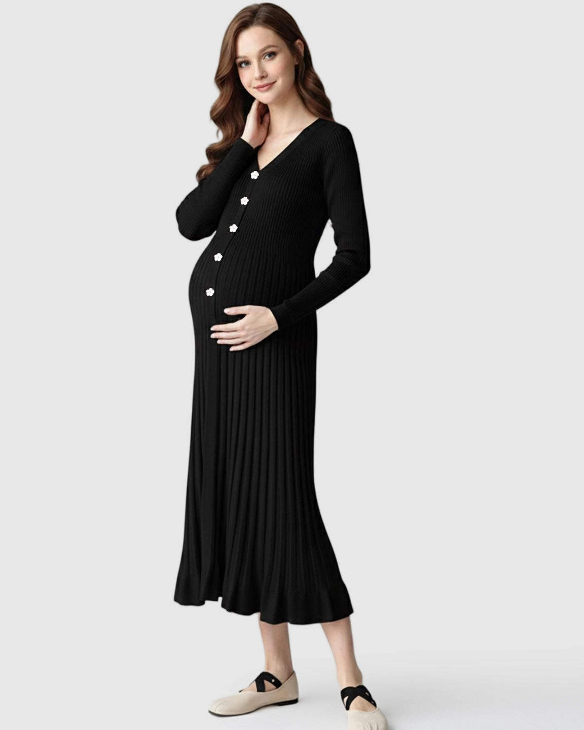 Ribbed Knit Long Sleeve Maternity Midi Dress
