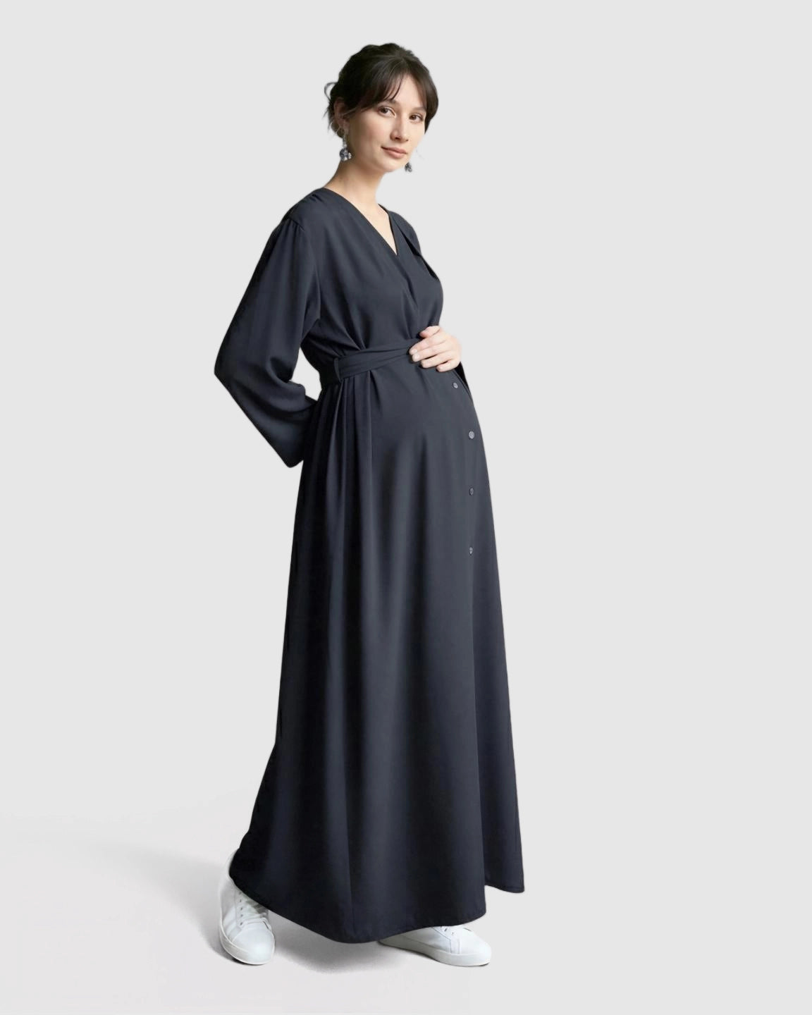 Long Sleeve V-Neck Maternity Maxi Dress with Adjustable Waist