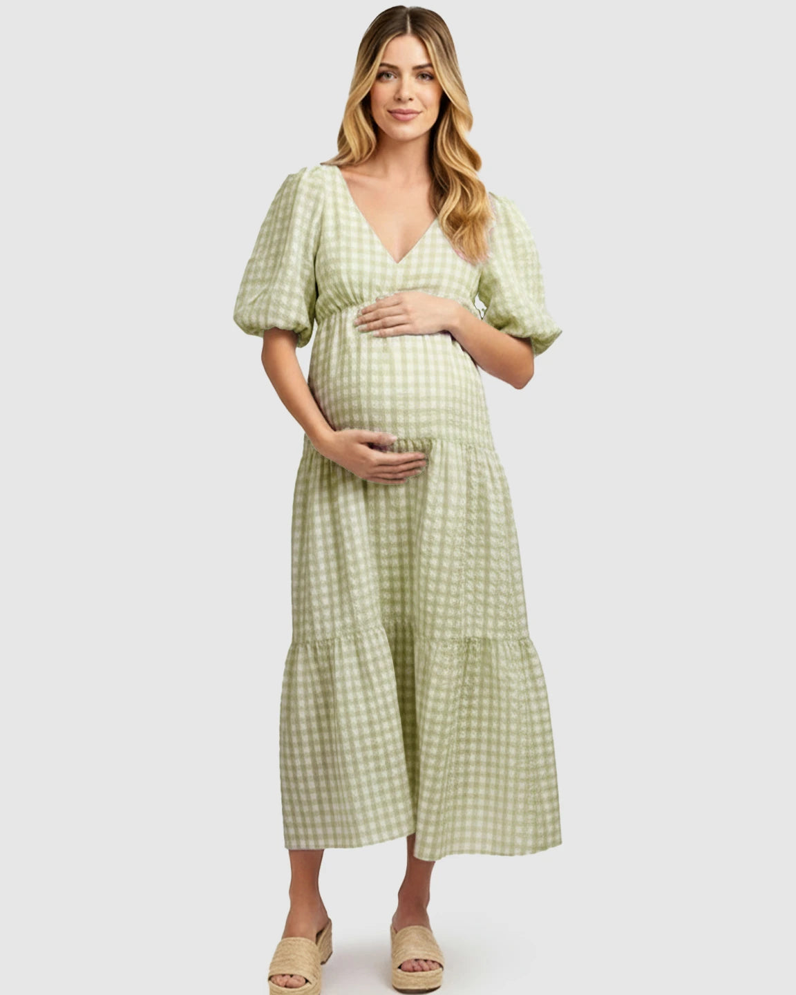 Puffed Sleeves Checkered Maternity Maxi Dress