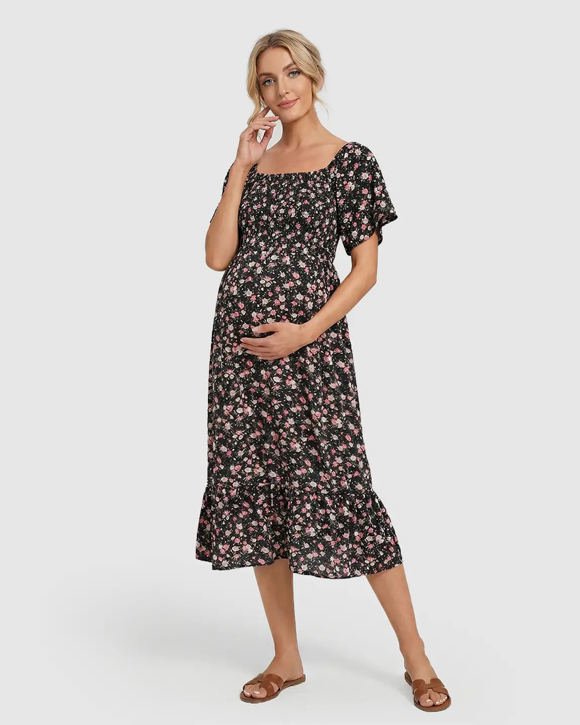 Floral Print Flowy Skirt Maternity Midi Dress