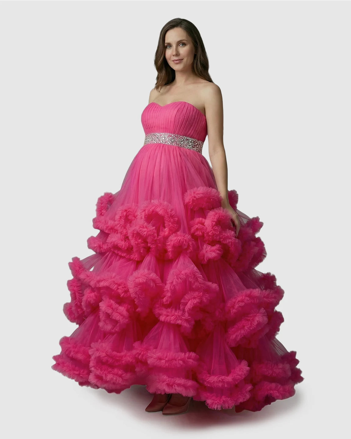 Strapless Bodice Multi-Layered Ruffled Skirt Maternity Photoshoot Dress