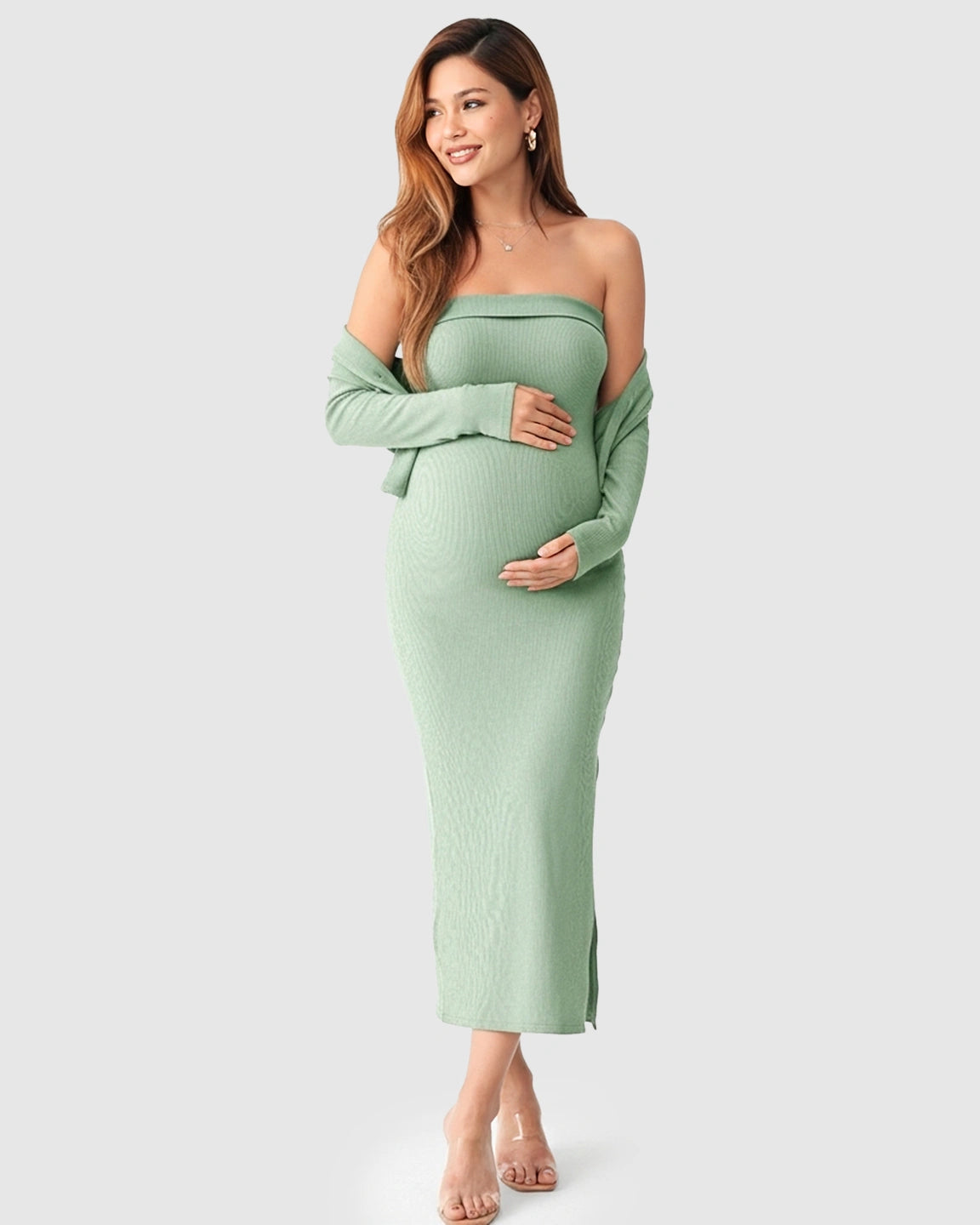 Knitted Two-Piece Bodycon Maternity Midi Dress Set